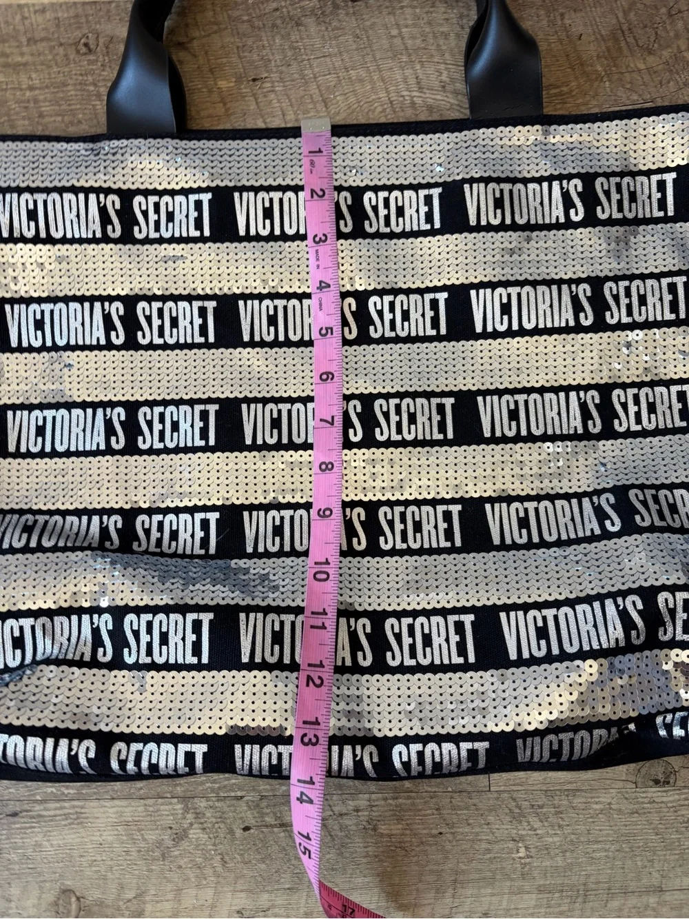 Victoria’s Secret Silver and Black Sequin Striped Weekender Canvas Tote Bag